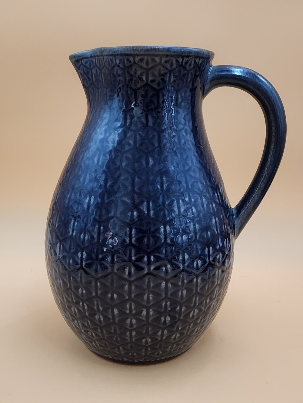 MCM Portugal Terracotta Blue Glazed Ceramic Pitcher w/ Textured Pattern